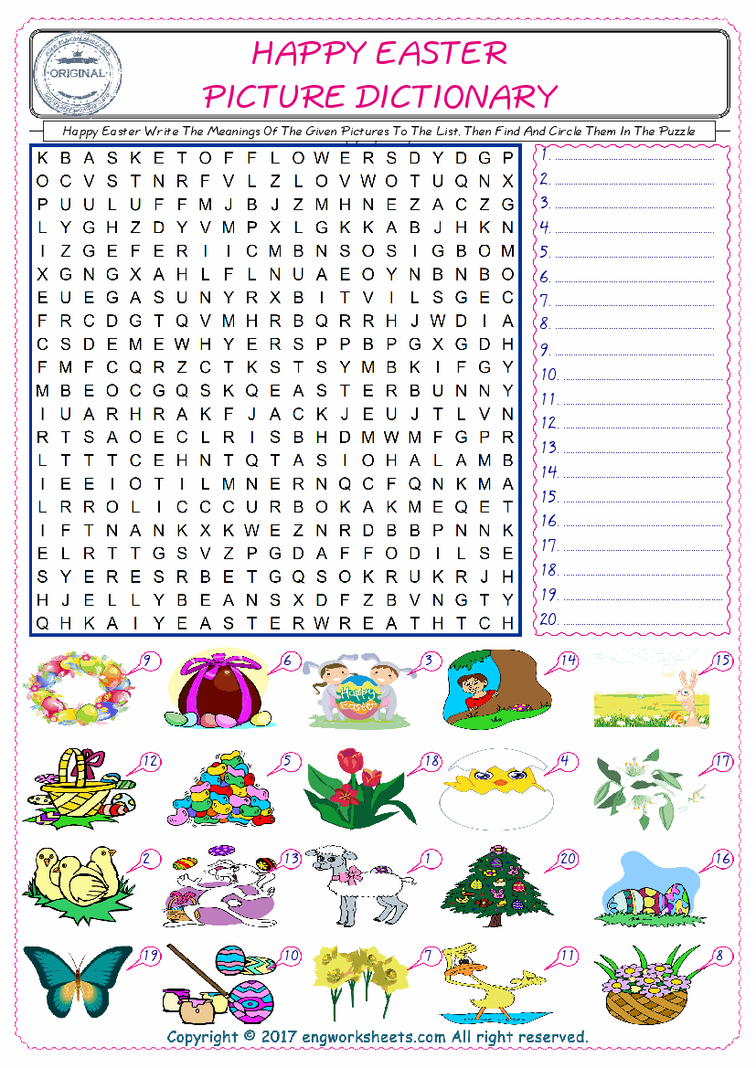  For kids, check the picture of Happy Easter find, and write the word and find it in the word puzzle ESL printable worksheet. 